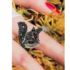 Sterling Silver Round Hematite Pavé Set Marquise Red Garnet Fox Ring